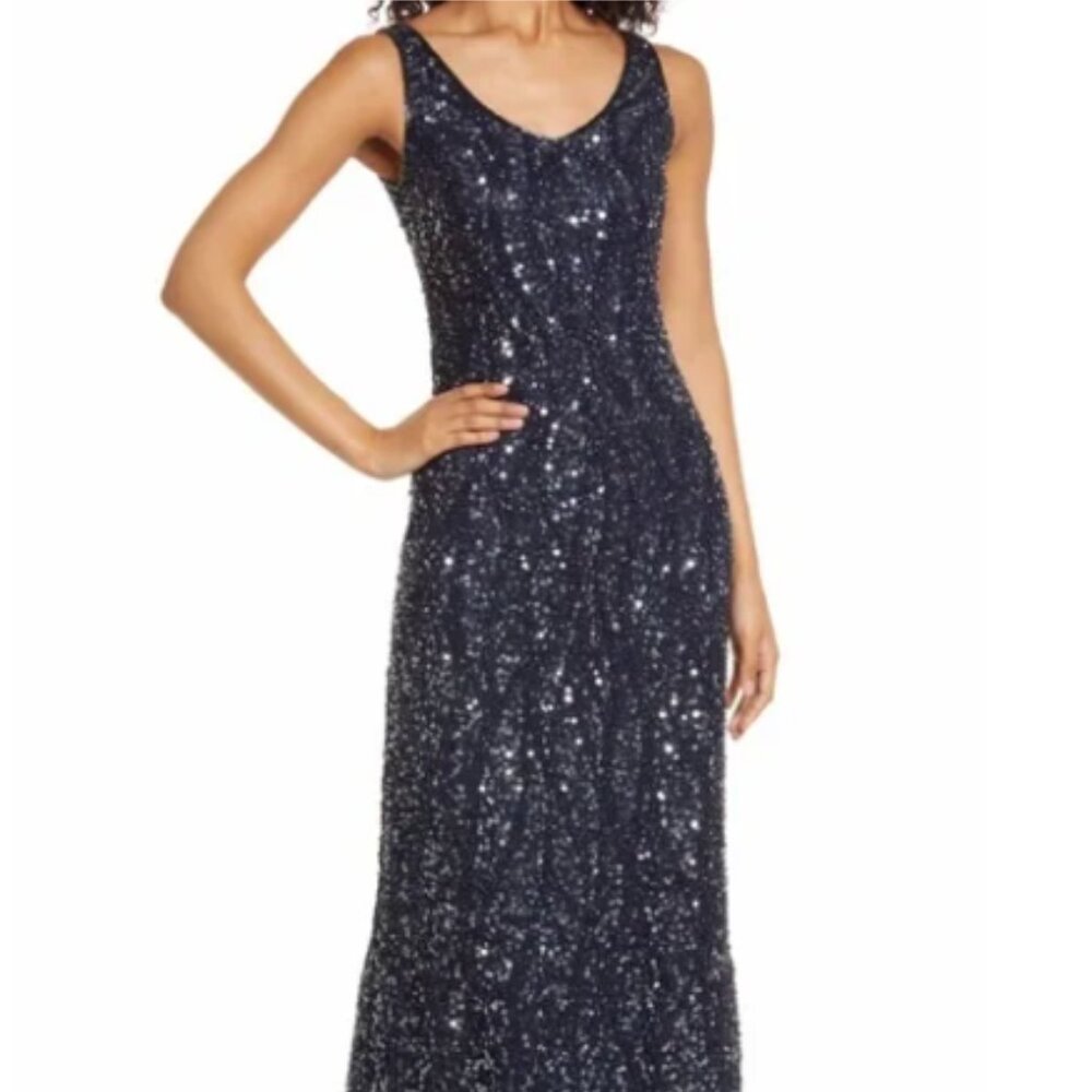 Pisarro Nights Sequin & Bead Sleeveless Gown, Size 8 Navy